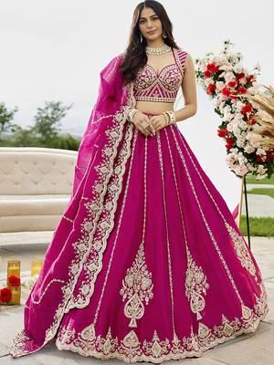Pink- Silk Fabric Beads & Sequined Embroidery Semi-Sttiched Lehenga Choli & Dupatta 2