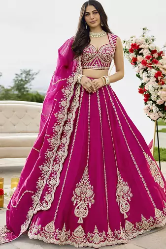 Pink- Silk Fabric Beads & Sequined Embroidery Semi-Sttiched Lehenga Choli & Dupatta