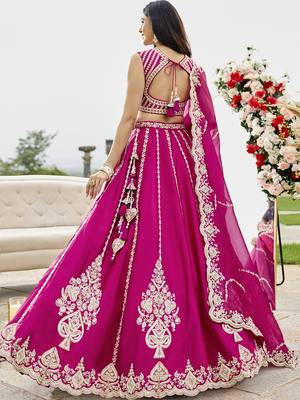 Pink- Silk Fabric Beads & Sequined Embroidery Semi-Sttiched Lehenga Choli & Dupatta 3