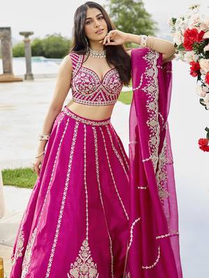 Pink- Silk Fabric Beads & Sequined Embroidery Semi-Sttiched Lehenga Choli & Dupatta 4