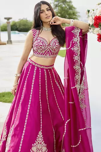Pink- Silk Fabric Beads & Sequined Embroidery Semi-Sttiched Lehenga Choli & Dupatta