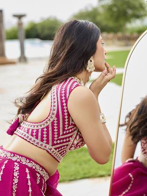 Pink- Silk Fabric Beads & Sequined Embroidery Semi-Sttiched Lehenga Choli & Dupatta 5