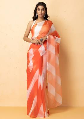 orange white organza leheriya saree party wear 1