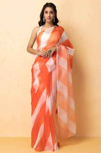 Orange & White Shaded Organza Hand Dyed Leheriya Saree With Tassels