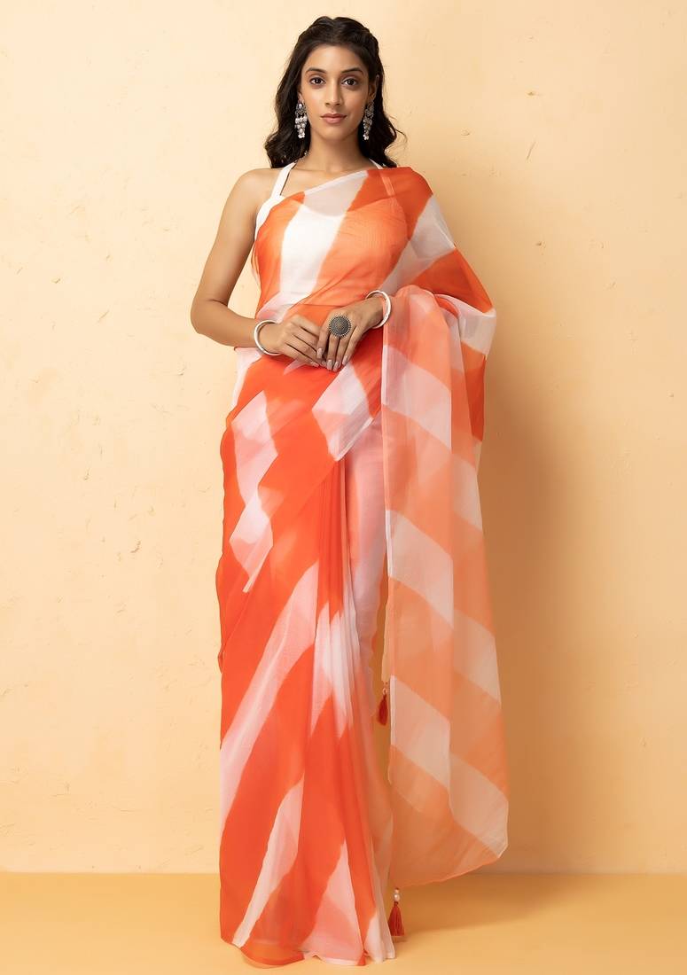 Orange & White Shaded Organza Hand Dyed Leheriya Saree With Tassels