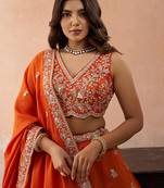 Orange- Tissue Sequinned with Zari Embroidered Semi-Stitched Lehenga & Unstitched Blouse With Dupatta