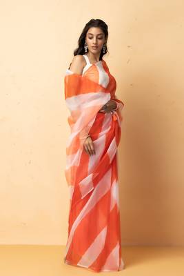 orange white organza leheriya saree party wear 3