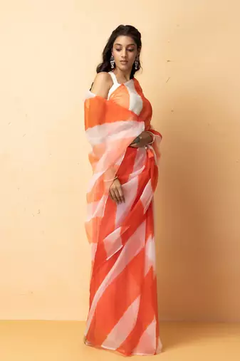orange white organza leheriya saree party wear