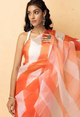 orange white organza leheriya saree party wear 4