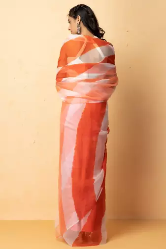 orange white organza leheriya saree party wear