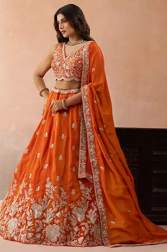 Orange- Tissue Sequinned with Zari Embroidered Semi-Stitched Lehenga  & Unstitched Blouse With Dupatta