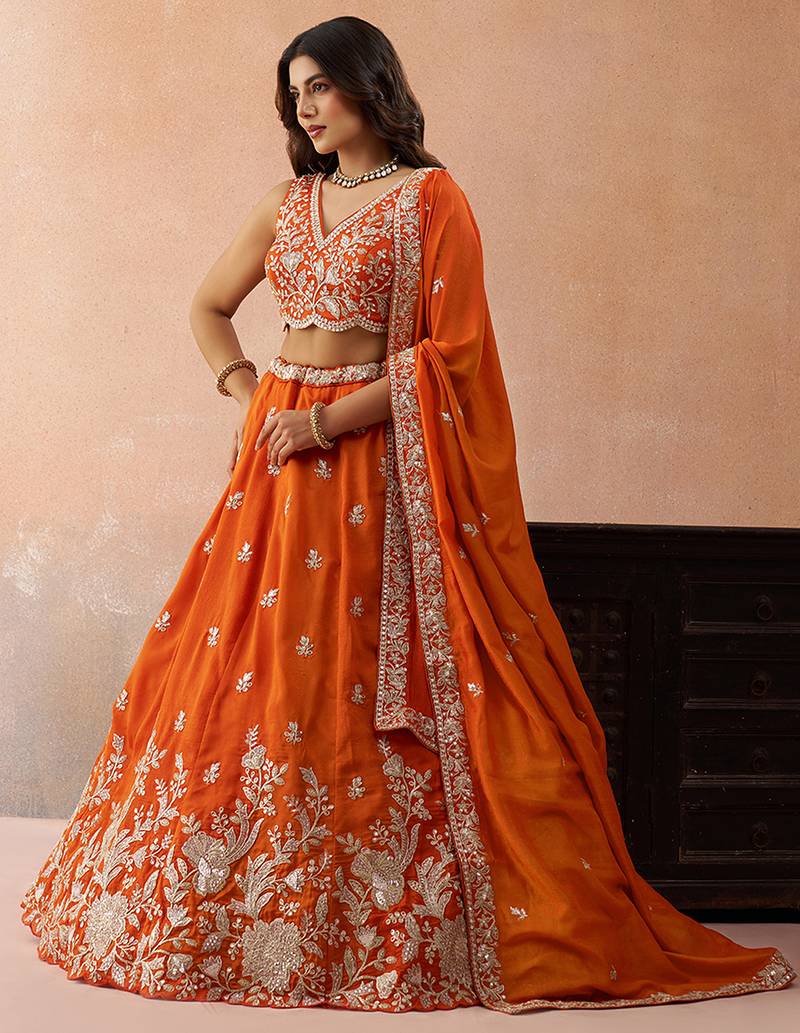 Orange- Tissue Sequinned with Zari Embroidered Semi-Stitched Lehenga & Unstitched Blouse With Dupatta