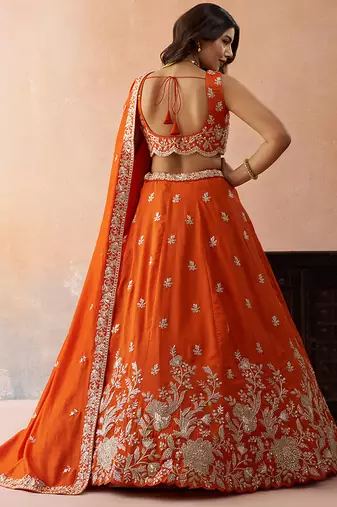 Orange- Tissue Sequinned with Zari Embroidered Semi-Stitched Lehenga  & Unstitched Blouse With Dupatta