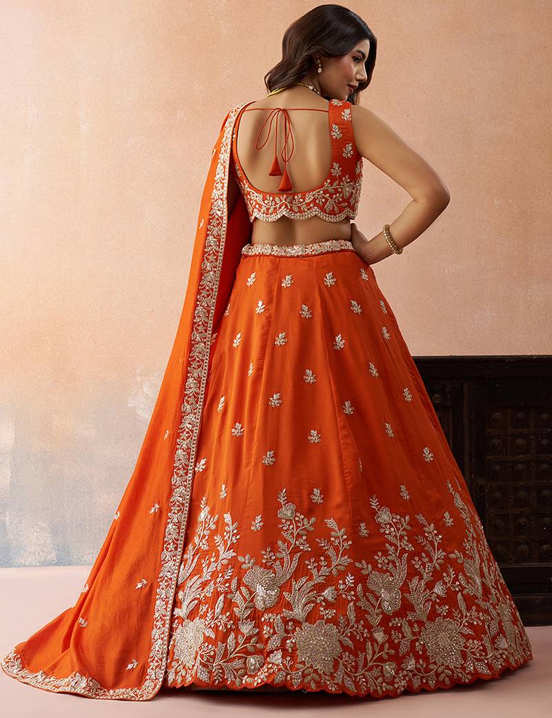 Orange- Tissue Sequinned with Zari Embroidered Semi-Stitched Lehenga & Unstitched Blouse With Dupatta
