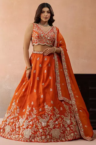 Orange- Tissue Sequinned with Zari Embroidered Semi-Stitched Lehenga & Unstitched Blouse With Dupatta
