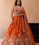 Orange- Tissue Sequinned with Zari Embroidered Semi-Stitched Lehenga & Unstitched Blouse With Dupatta
