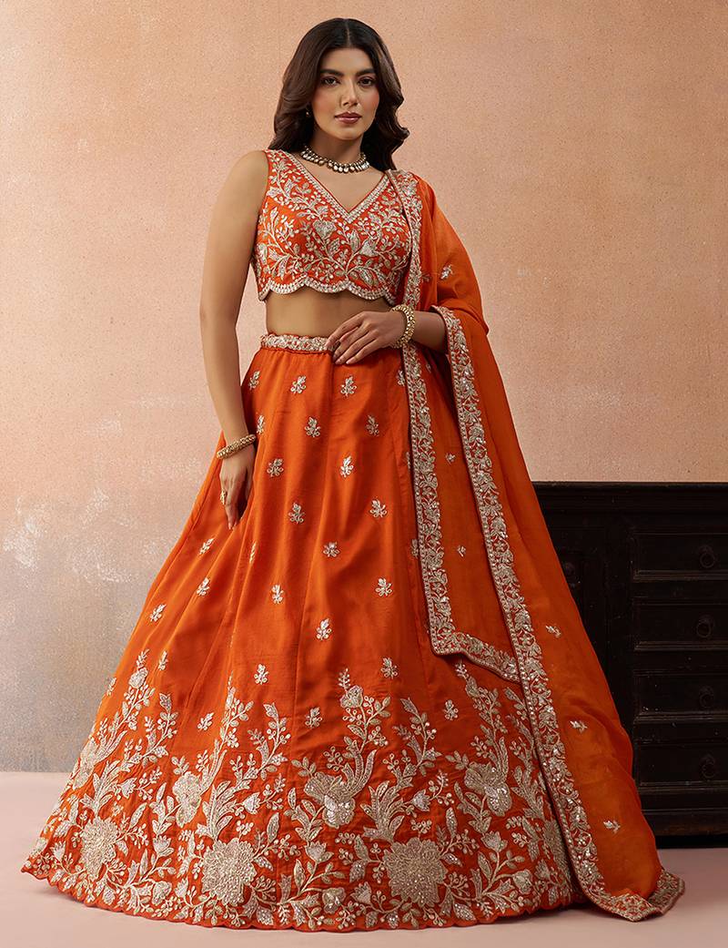 Orange- Tissue Sequinned with Zari Embroidered Semi-Stitched Lehenga & Unstitched Blouse With Dupatta