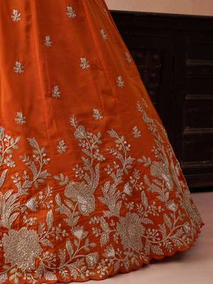 Orange- Tissue Sequinned with Zari Embroidered Semi-Stitched Lehenga  & Unstitched Blouse With Dupatta 5