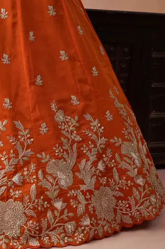 Orange- Tissue Sequinned with Zari Embroidered Semi-Stitched Lehenga  & Unstitched Blouse With Dupatta