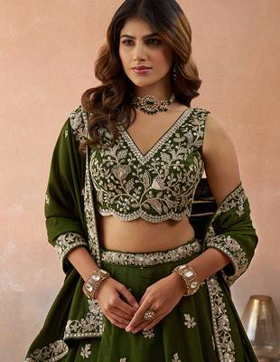 Olive- Tissue Sequinned with Zari Embroidered Semi-Stitched Lehenga & Unstitched Blouse With Dupatta 2