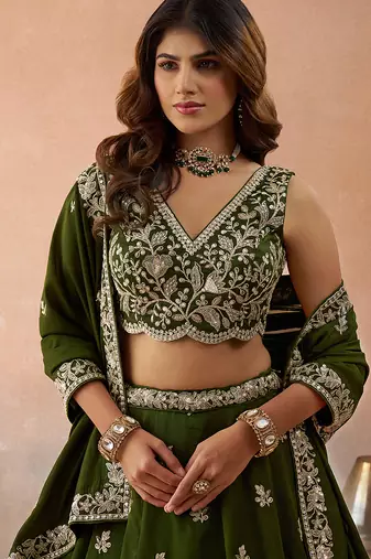 Olive- Tissue Sequinned with Zari Embroidered Semi-Stitched Lehenga & Unstitched Blouse With Dupatta