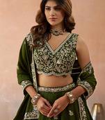 Olive- Tissue Sequinned with Zari Embroidered Semi-Stitched Lehenga & Unstitched Blouse With Dupatta