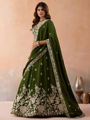 Olive- Tissue Sequinned with Zari Embroidered Semi-Stitched Lehenga & Unstitched Blouse With Dupatta 3