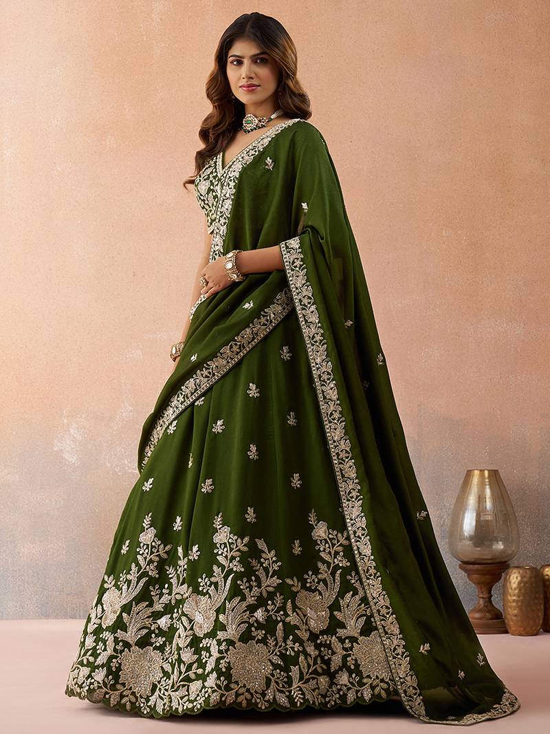 Olive- Tissue Sequinned with Zari Embroidered Semi-Stitched Lehenga & Unstitched Blouse With Dupatta