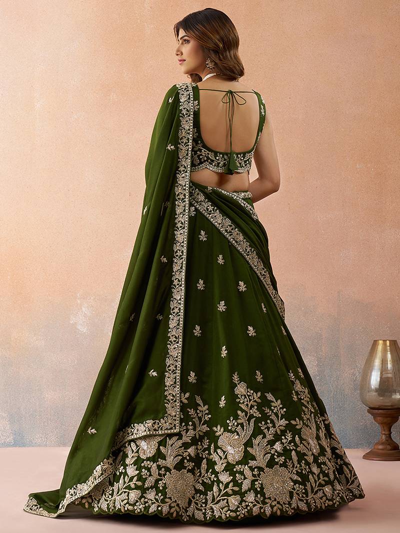 Olive- Tissue Sequinned with Zari Embroidered Semi-Stitched Lehenga & Unstitched Blouse With Dupatta