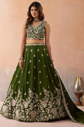 Olive- Tissue Sequinned with Zari Embroidered Semi-Stitched Lehenga & Unstitched Blouse With Dupatta