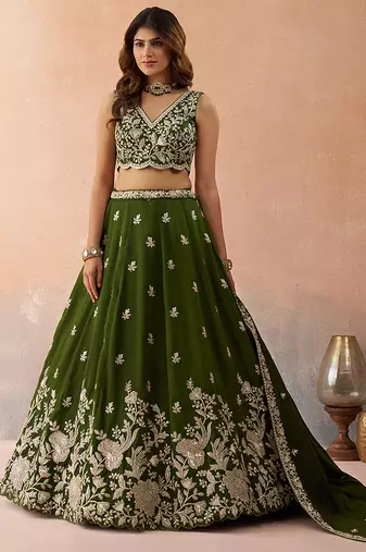 Olive- Tissue Sequinned with Zari Embroidered Semi-Stitched Lehenga & Unstitched Blouse With Dupatta