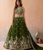 Olive- Tissue Sequinned with Zari Embroidered Semi-Stitched Lehenga & Unstitched Blouse With Dupatta