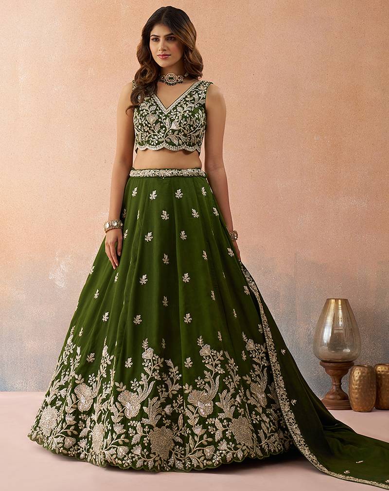 Olive- Tissue Sequinned with Zari Embroidered Semi-Stitched Lehenga & Unstitched Blouse With Dupatta