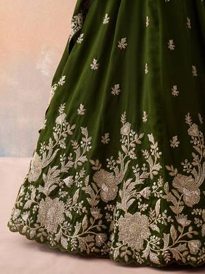 Olive- Tissue Sequinned with Zari Embroidered Semi-Stitched Lehenga & Unstitched Blouse With Dupatta 5