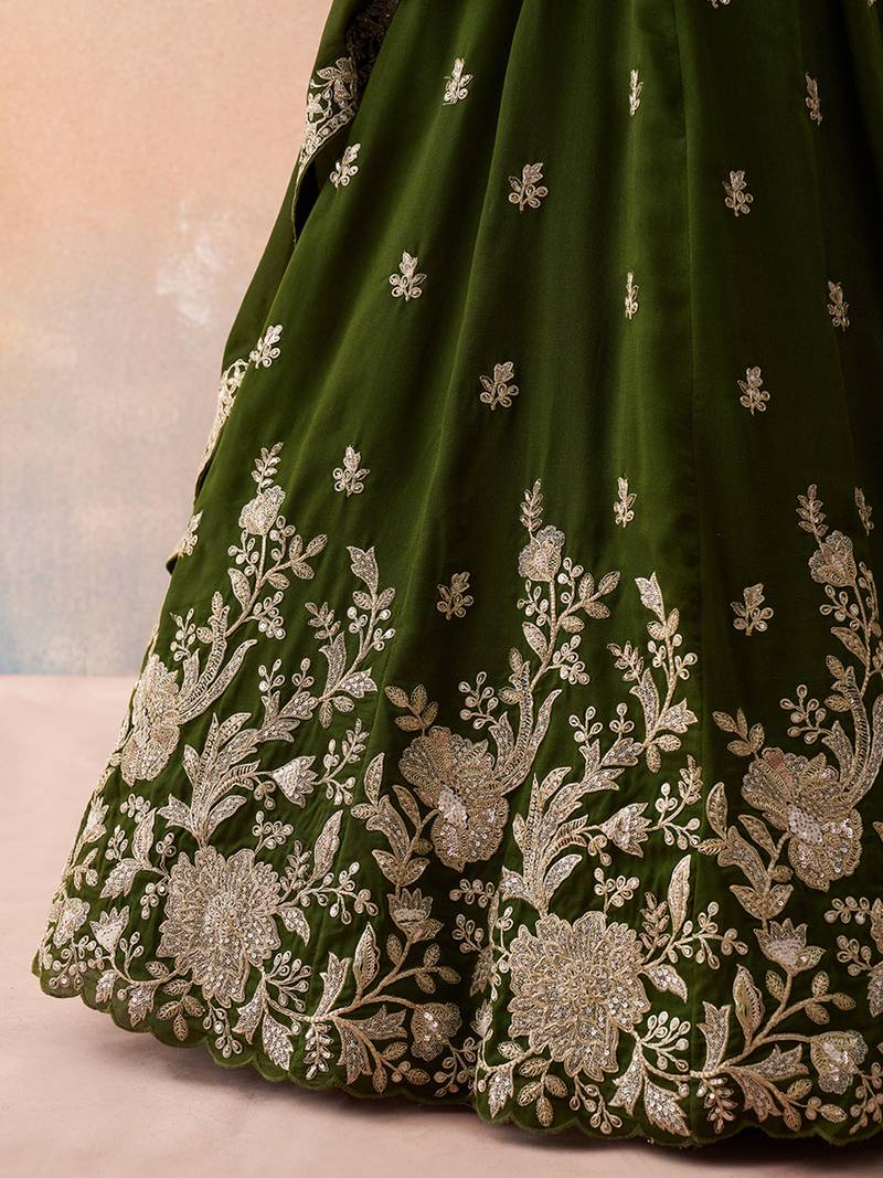 Olive- Tissue Sequinned with Zari Embroidered Semi-Stitched Lehenga & Unstitched Blouse With Dupatta