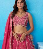 Pink- Tissue Beads & Sequins Embroidered Semi-Stitched Lehenga & Unstitched Blouse With Dupatta