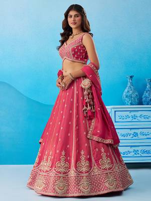 Pink- Tissue Beads & Sequins Embroidered Semi-Stitched Lehenga  & Unstitched Blouse With Dupatta 3