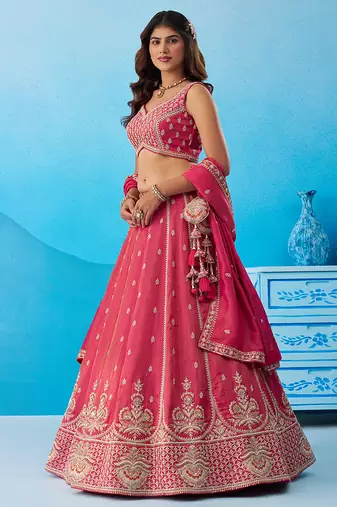 Pink- Tissue Beads & Sequins Embroidered Semi-Stitched Lehenga & Unstitched Blouse With Dupatta