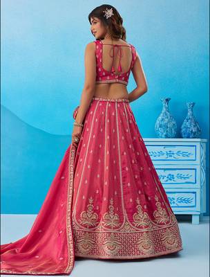 Pink- Tissue Beads & Sequins Embroidered Semi-Stitched Lehenga  & Unstitched Blouse With Dupatta 4