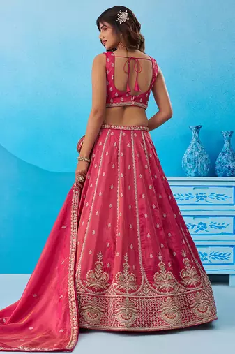 Pink- Tissue Beads & Sequins Embroidered Semi-Stitched Lehenga & Unstitched Blouse With Dupatta