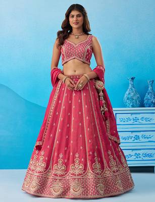 Pink- Tissue Beads & Sequins Embroidered Semi-Stitched Lehenga  & Unstitched Blouse With Dupatta 1