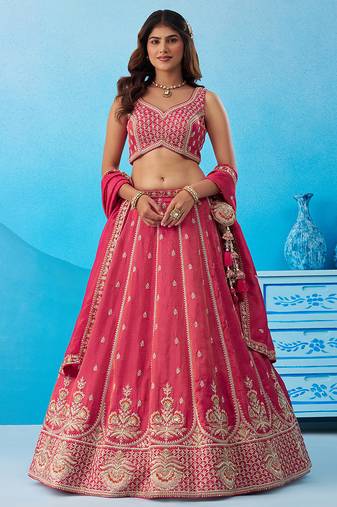 Pink- Tissue Beads & Sequins Embroidered Semi-Stitched Lehenga & Unstitched Blouse With Dupatta