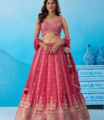 Pink- Tissue Beads & Sequins Embroidered Semi-Stitched Lehenga & Unstitched Blouse With Dupatta