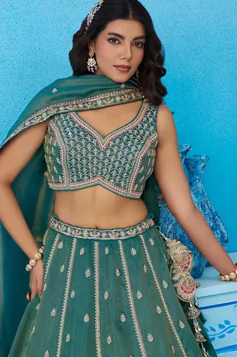 Teal- Tissue Beads & Sequins Embroidered Semi-Stitched Lehenga & Unstitched Blouse With Dupatta