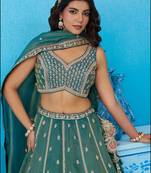Teal- Tissue Beads & Sequins Embroidered Semi-Stitched Lehenga & Unstitched Blouse With Dupatta