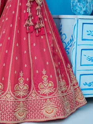 Pink- Tissue Beads & Sequins Embroidered Semi-Stitched Lehenga  & Unstitched Blouse With Dupatta 5