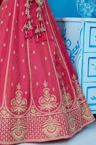 Pink- Tissue Beads & Sequins Embroidered Semi-Stitched Lehenga & Unstitched Blouse With Dupatta