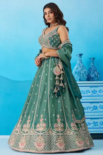 Teal- Tissue Beads & Sequins Embroidered Semi-Stitched Lehenga  & Unstitched Blouse With Dupatta