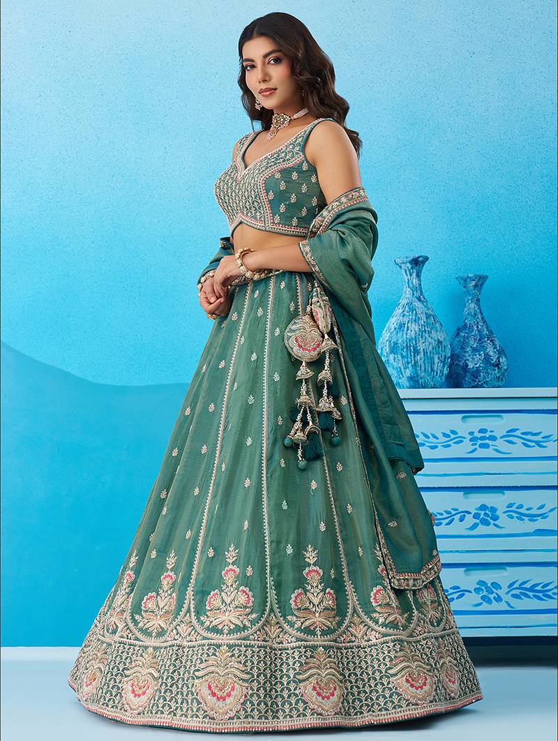 Teal- Tissue Beads & Sequins Embroidered Semi-Stitched Lehenga & Unstitched Blouse With Dupatta