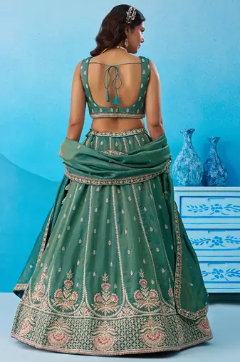 Teal- Tissue Beads & Sequins Embroidered Semi-Stitched Lehenga  & Unstitched Blouse With Dupatta